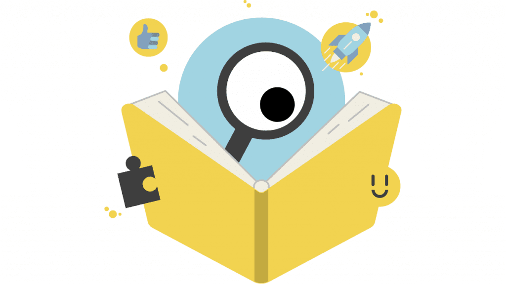 Kleine Figur mit einer Lupe als Auge hat ein Buch vor sich aufgeschlagen. Sie hält das Buch Fest, statt einer rechten Hand hat sie ein Puzzle-Stück und Statt einer linken Hand einen Smiley. Auf dem Bild ist außerdem eine Rakete und ein "Daumen hoch" in zwei Kreisen zu sehen, die für die Lesemotivation stehen.
